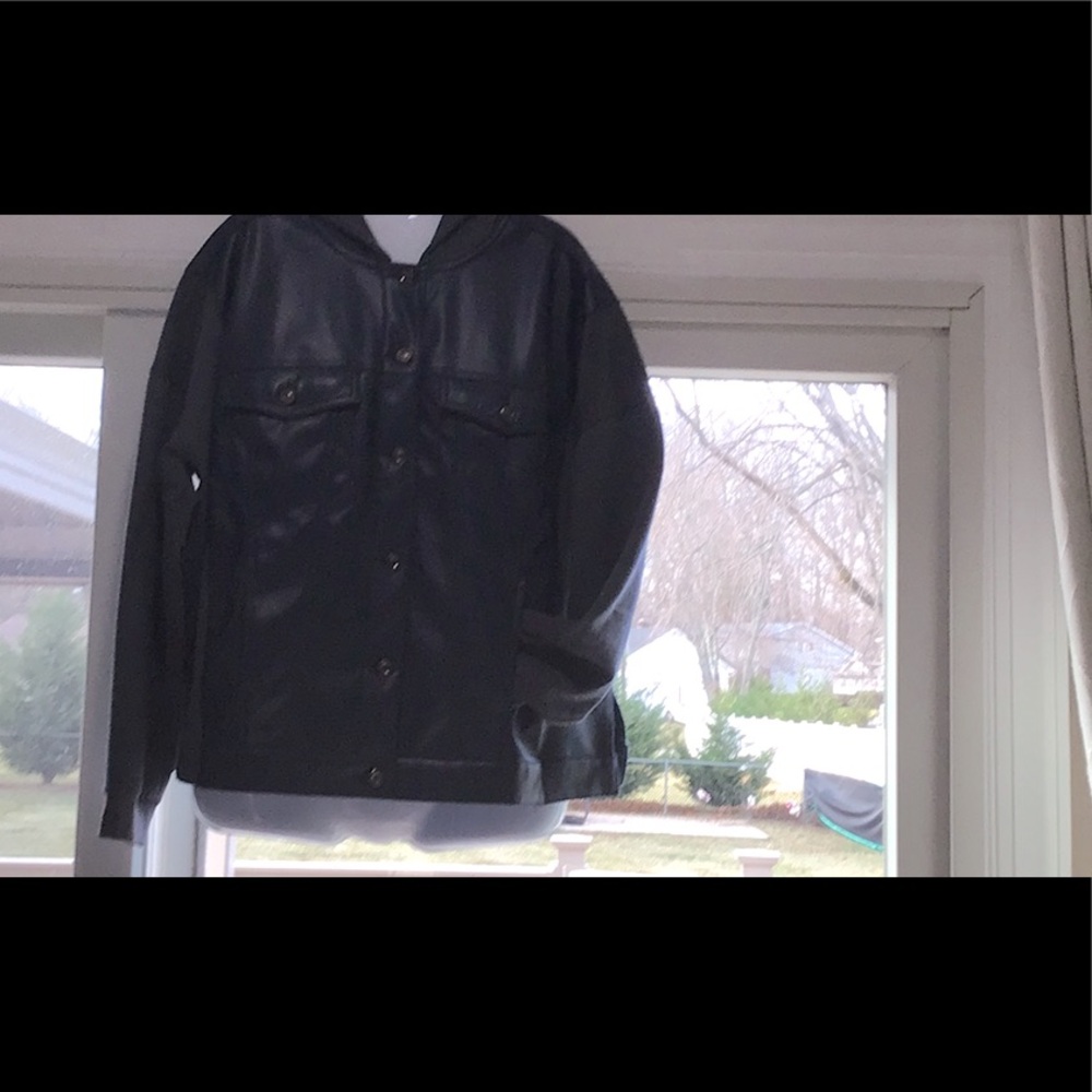 Ladies faux leather hood jacket, like new condition. Navy w/grey sleeves & back.